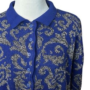 Benetton Womens Sweater 46 Royal Blue Gray‎ Paisley Knit Italy Polo Collar